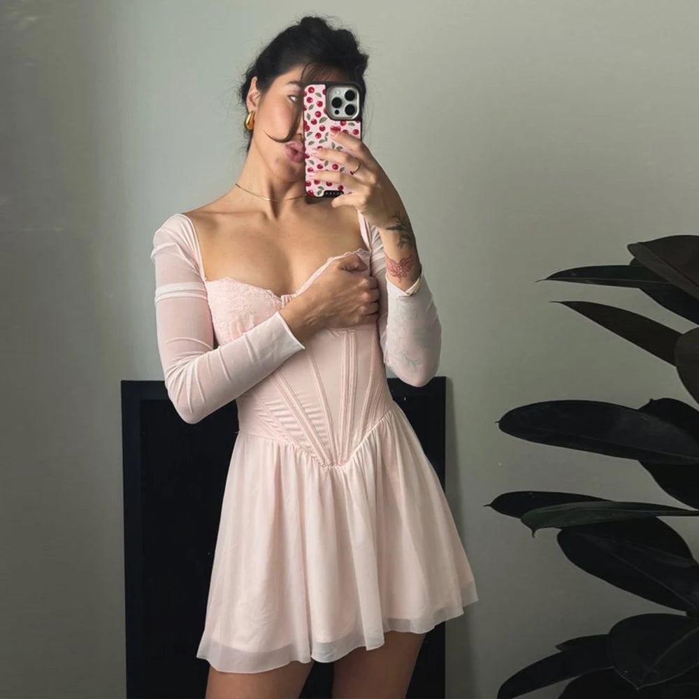 Autumn Mesh Pink Long Sleeve Dress A Line Bodycon Birthday Party Dress Mini Holiday Vacation Dress Women 2023 High Quality voguable
