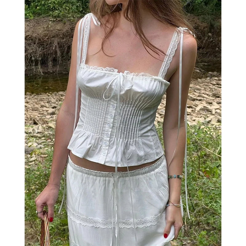 Voguable Sweet Lace Trim White Slim Camis Sexy Women Cotton Tank Top Summer Bow Front Button Crop Top voguable