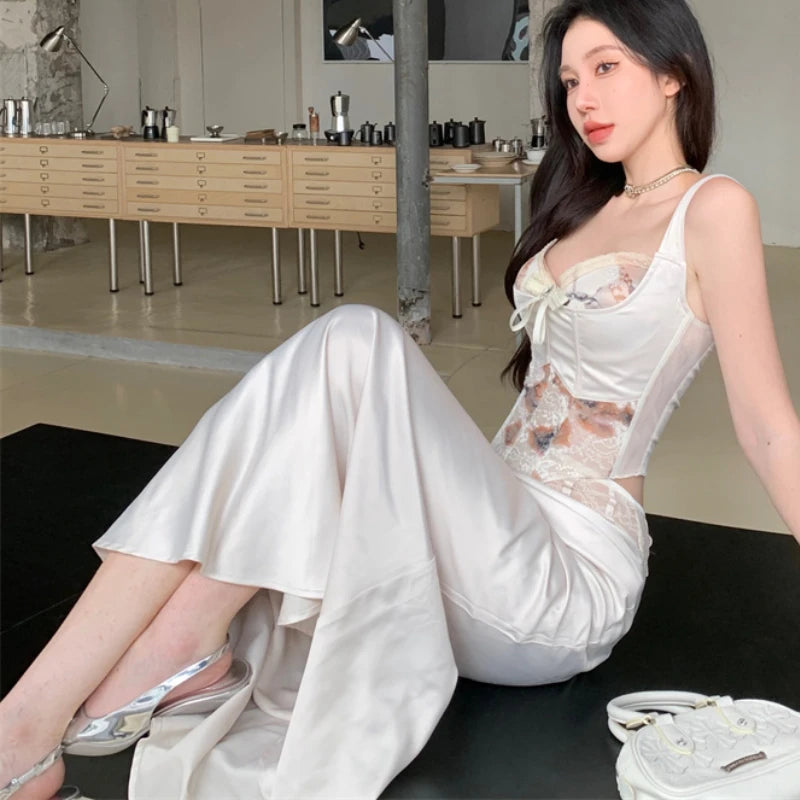 Voguable 2024 Spring Streetwear Contrast Color Printed Bow Sexy Camisole Women + Lace Spliced Casual Mid-Length Skirt Two-Piece Suit voguable