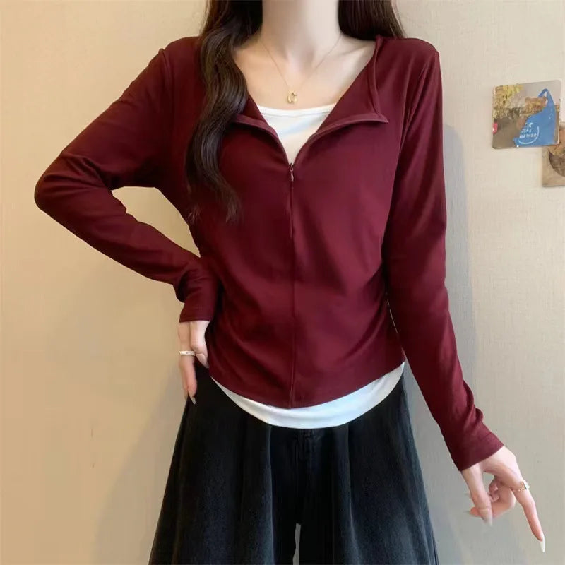 Long Sleeve T Shirt Women Fashion Fake Two Pieces Patchwork Basic Slim Zipper Slimming Bottoming Shirt Retro Red Casual T-shirt voguable