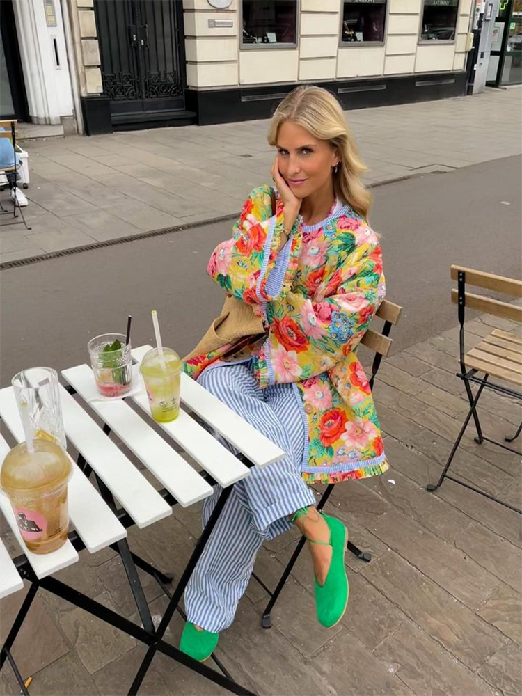 Vintage Print Thick Cotton Jacket Women Loose Flare Sleeve Autumn Winter Jacket Female Fashion O-Neck Ladies Outwear New voguable
