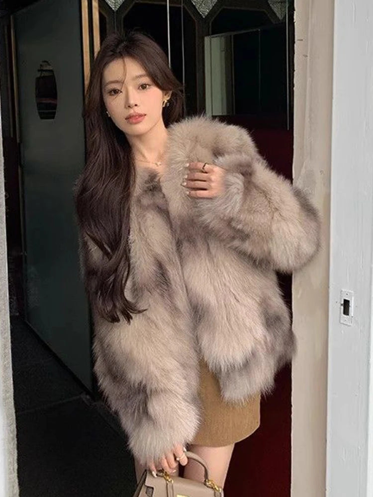 Slim Women Faux Fur Coat Long Sleeve Elegant Vintage Faux Fox Jacket Korean Retro Winter Warm Long Sleeve Female O Neck Tops New voguable