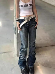 Voguable  American Retro Vintage Denim Pants Mid Rise Multi Button Front Ruched Leg Slim Bootcut Y2K Daily Streetwear Bottoms Streetwear voguable