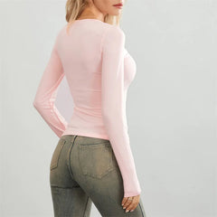 y2k Crop Tops Women Spring Autumn Solid Color Round Neck Long Sleeve Tshirt 2000s Tees Casual Clothing Streetwear voguable