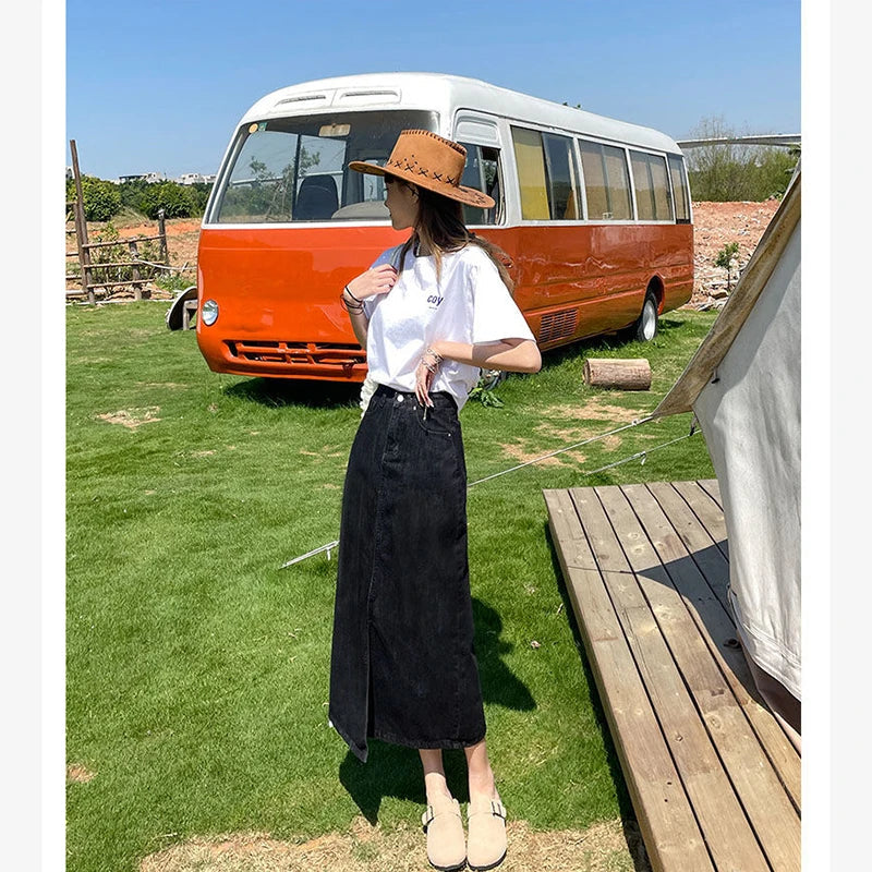 Vintage High Waist Women Denim Midi Skirt Summer Korean Thin Section Slit A Line Skirts Fashion Casual All Match Denim Skirts voguable