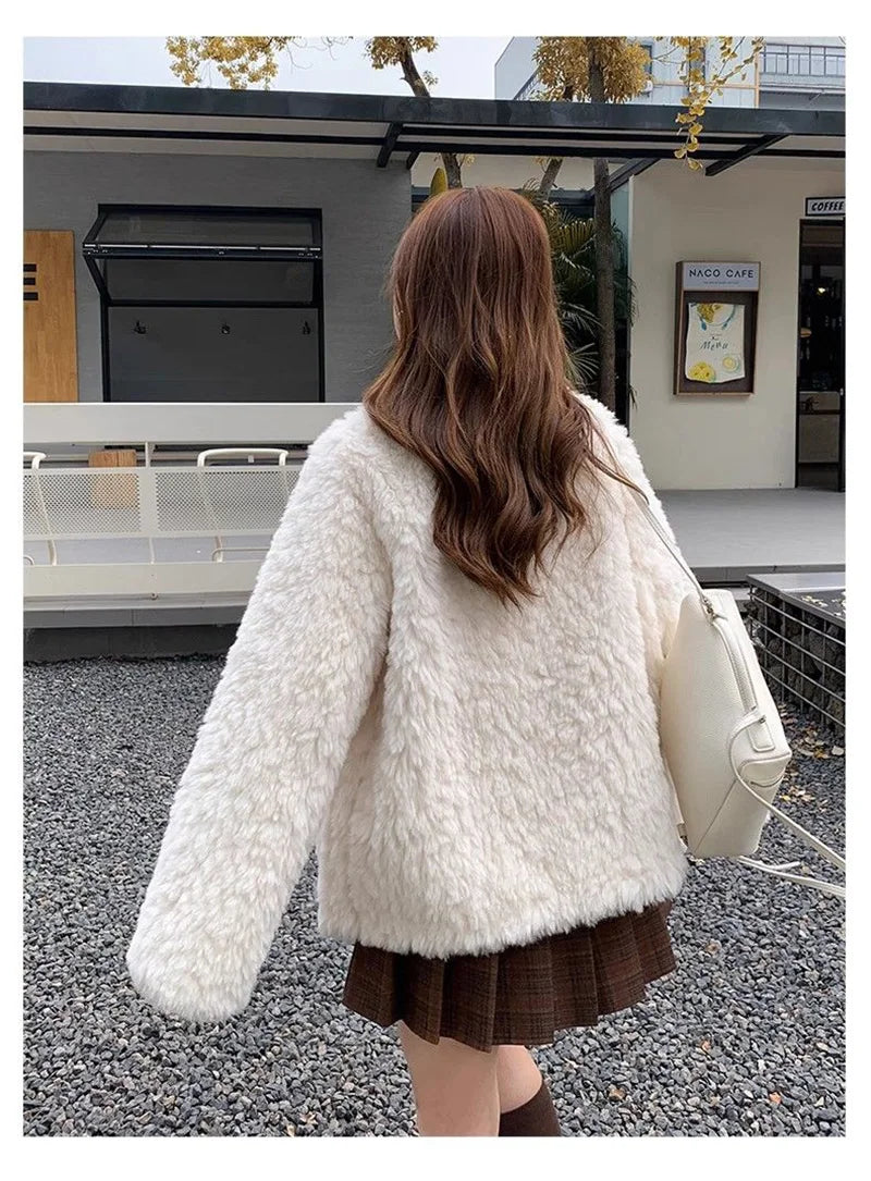 Winter Chic Faux Lamb Coat Women Korean Long Sleeve O Neck Fashion Jacket Sweet Warm Female Elegant All Match Solid Outwear Tops voguable