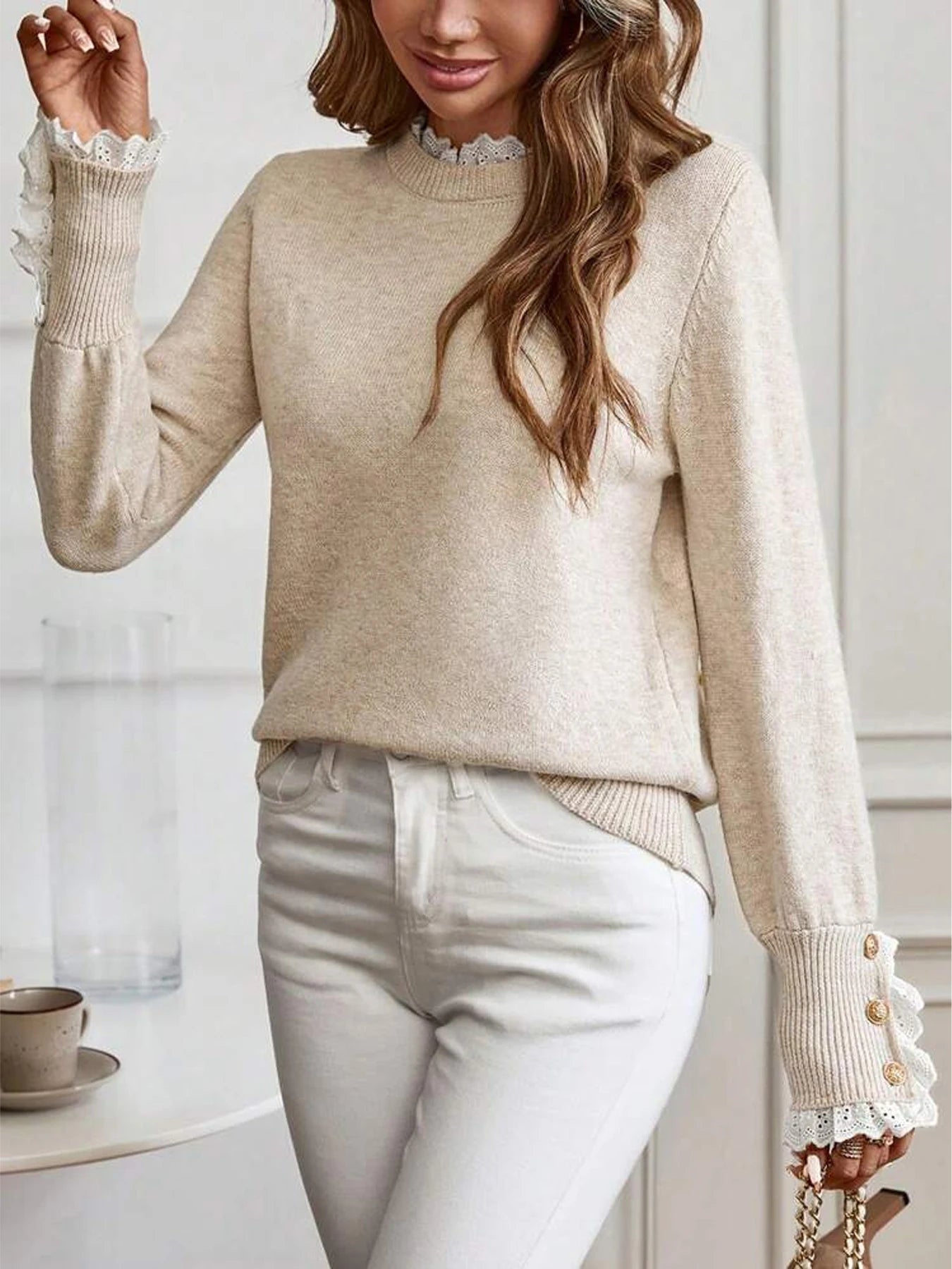 Autumn and winter women's lace decoration round neck long sleeved knitted sweater voguable