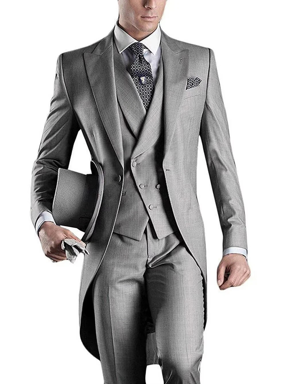 Voguable  Men Suit 3 pieces Slim Fit British Style Peaked Lapel V Neck Tuxedo Fashion Groomsmen Wedding Suits Men Blazer+Vest+Pant voguable