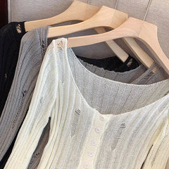 Hollow Out Knitted Cardigan Women Y2K Korean Sexy Streetwear Hole Long Sleeve Sweaters Summer Fashion Thin Irregular Female Tops voguable
