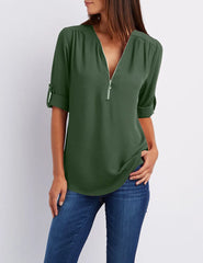 Summer Women Cool Loose Shirt Deep V Neck Chiffon Blouse Casual Ladies Tops Sexy Zipper Pullover Plus Size Long Sleeve Fashion voguable