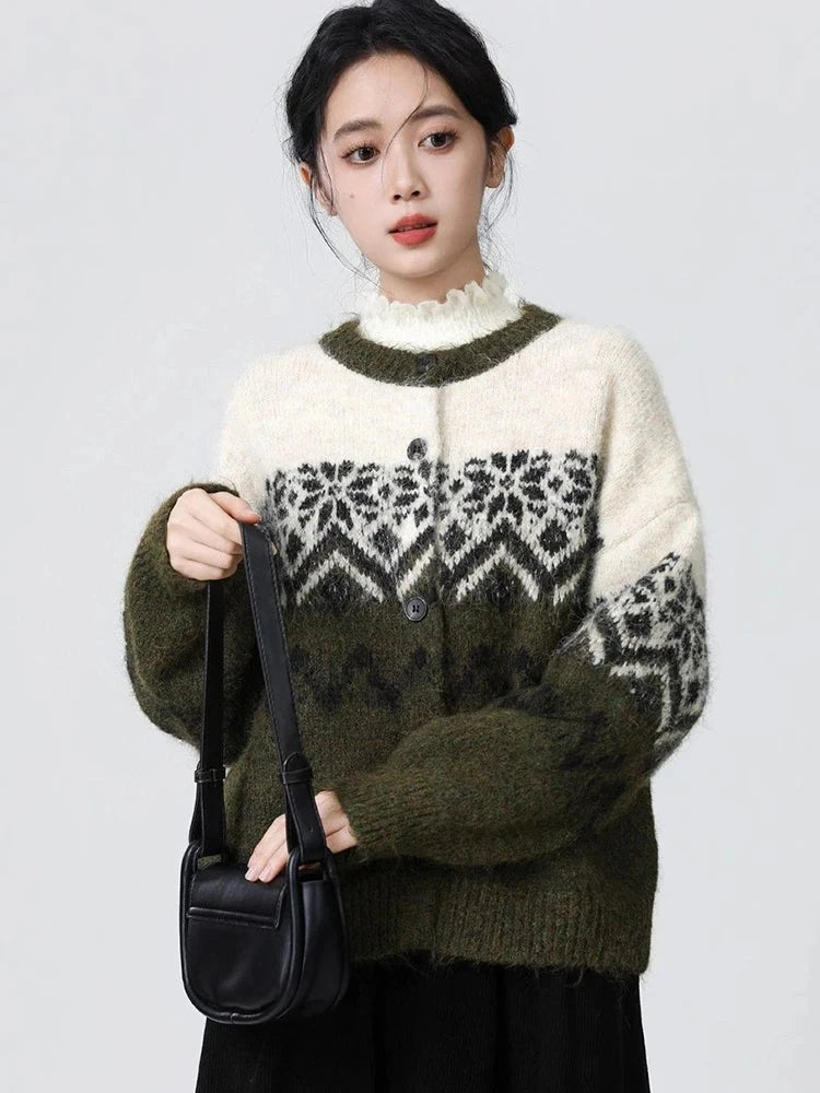 Women O Neck Retro Print Cardigan Sweaters Casual Lazy Wind Long Sleeve Knitted Short Coat Fall Winter Vintage Harajuku Lady Top voguable