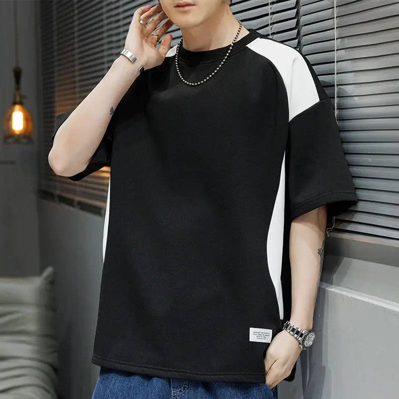 Voguable  Contrasted Color Splicing Short-sleeved T-shirt Men's Summer Two-piece Casual Loose Round Neck Pullover voguable