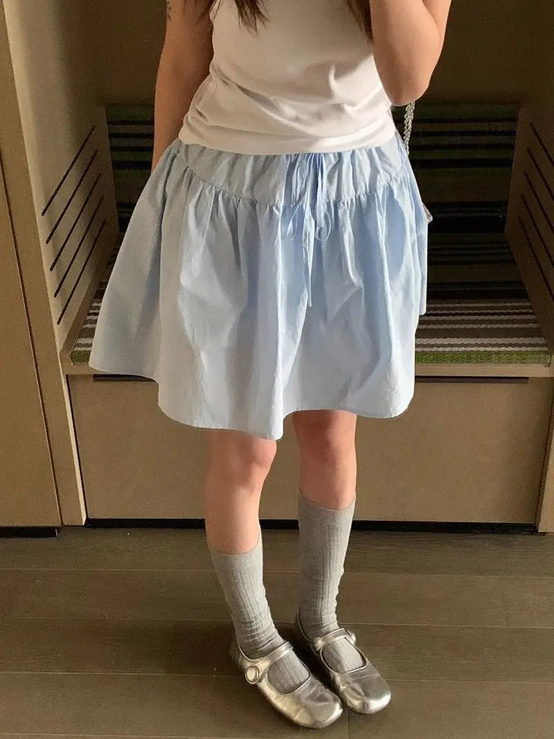 Cotton Casual Short A-line Skirt for Women High Waist Blue Elastic Waist Tie bow Sweet Loose Sports Skirt with Safety Shorts voguable