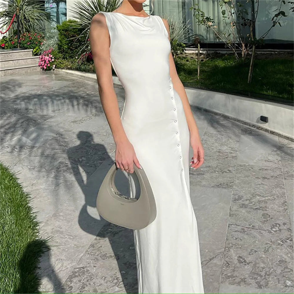 Voguable  O Neck Chic Side Single-breasted White Women Dress Sleeveless Temperament Split Slim Bag Hip Bodycon Lady Holiday Going Out Gown voguable