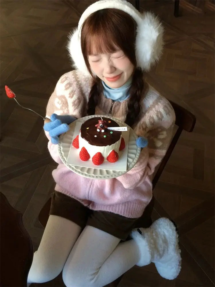 Vintage Print Knitted Cardigan Women Japanese Long Sleeve Sweater Outerwear Winter Aesthetic Pink Knitwear Korean Jumpers voguable