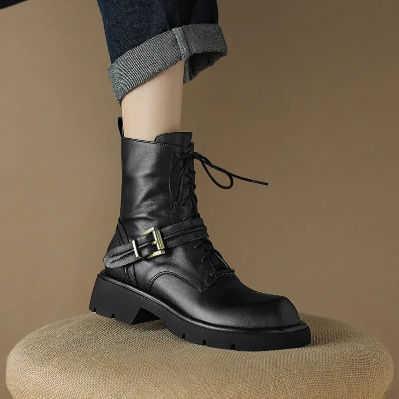 Platform Boots Cross-Tied Women Ankle Boots Side Zipper Leisure Motorcycle Boots Autumn Winter Round Toe Casual Outdoor New voguable