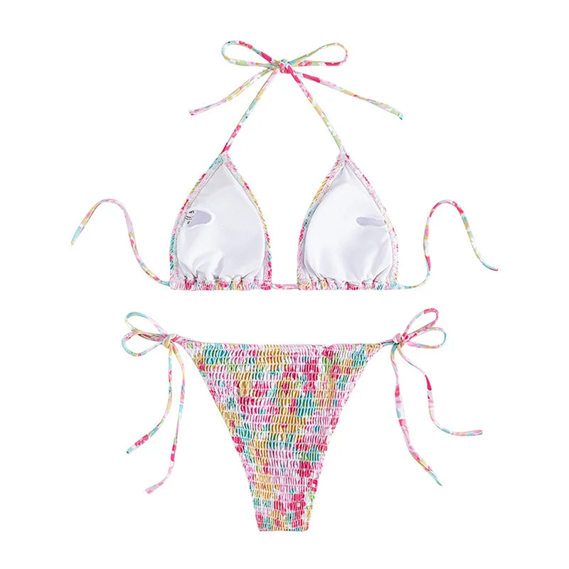 Voguable Women Swimwear 2024 Summer Floral Print Halter Neck Padded Bra and Low Waist Briefs Two Piece Bikini Set Beachwear voguable