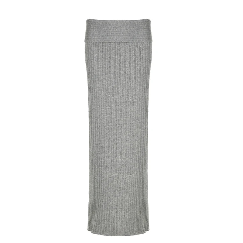 Elegant Fashion Casual Solid Knitted Skirt Basic Solid Slim Low-Waisted Maxi Skirts Women Autumn Winter Streetwear voguable