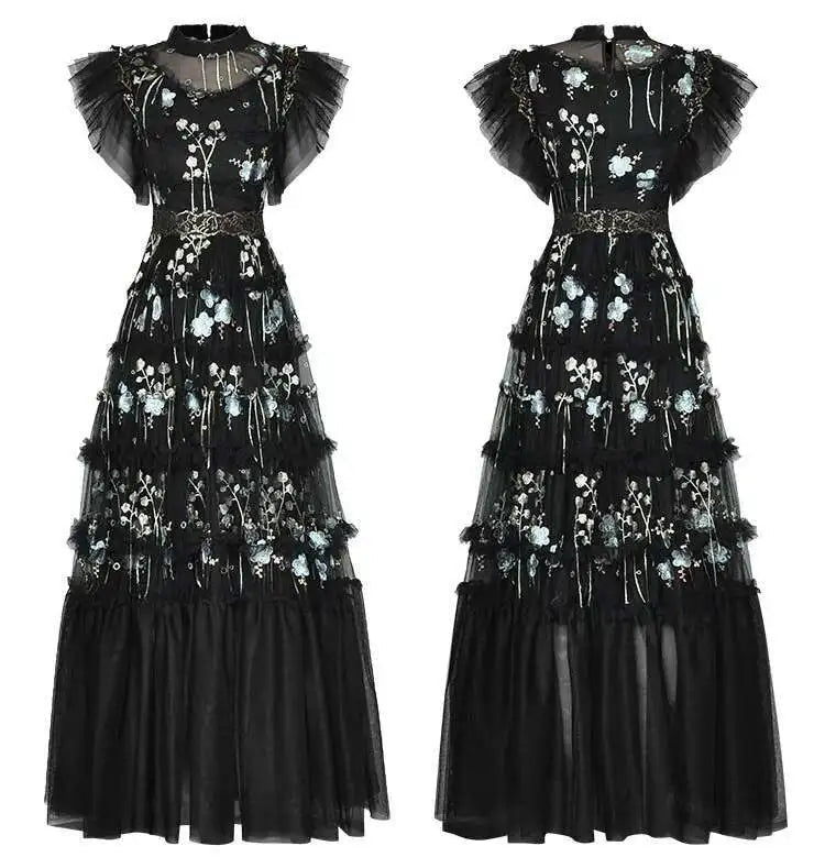 High End Embroidery Floral A-line Dress For Women Butterfly Sleeve Mesh Round Neck Evening Long Dresses Summer voguable