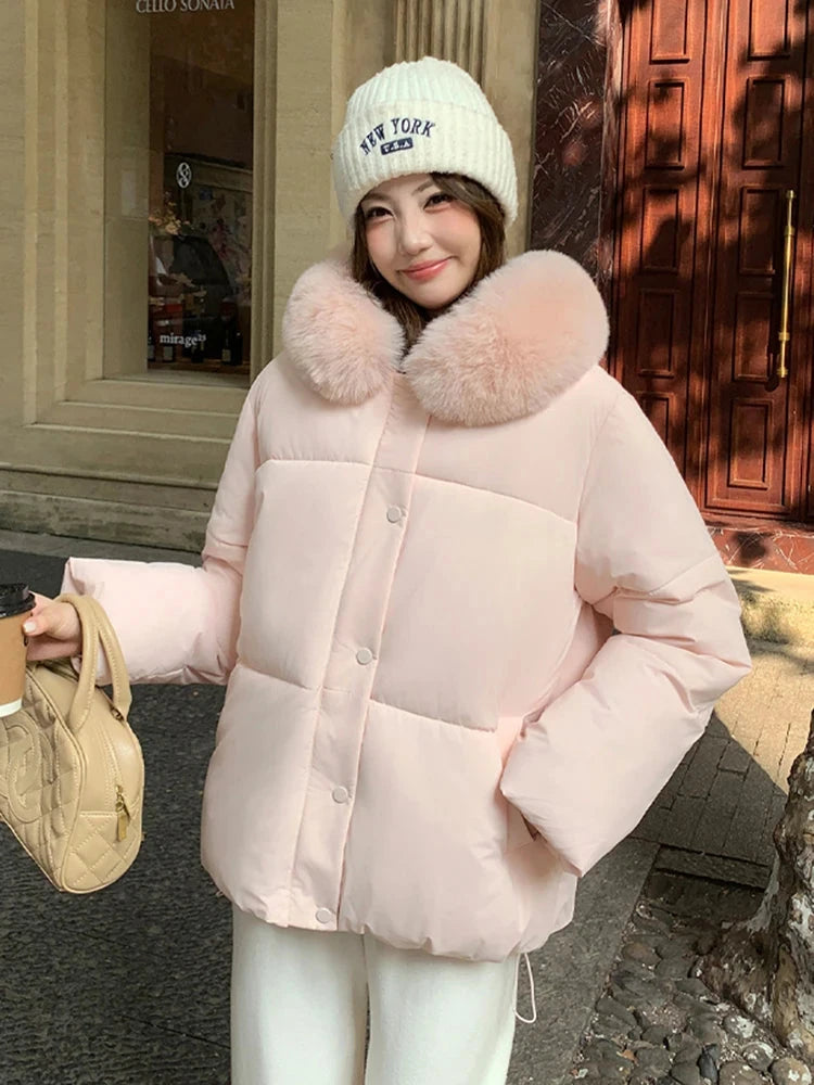 Preppy Style Sweet Parkas Women Cute Long Sleeve Vintage Faux Fox Hooded Cotton Coat Korean Winter Thick Warm New Outwear voguable
