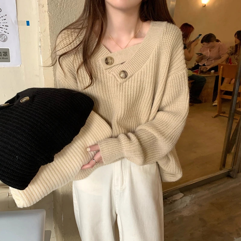 V-neck Knit Pullover Women Slouchy Long Sleeve Drop Shoulder Sweater with Buttoned Strap Cozy Knitwear Autumn Winter Chic Outfit voguable