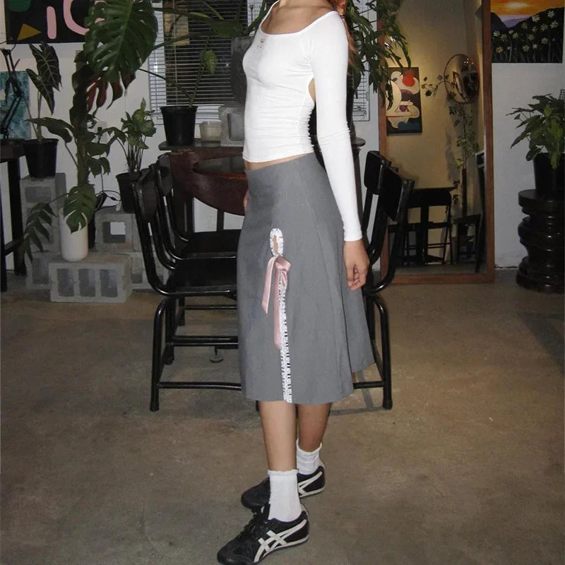 TARUXY Side Slits Lace Maxi Skirt For Women Kawaii Bow Bandage High Waist Skirts Women's Street Autumn Fashion Sexy Skirt Woman voguable