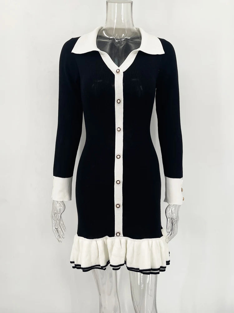 Ruffled Bow Knit Mini Dress Women's Summer Backless Contrast Cardigan Lace-Up Elegant Dress Female Knitwear Bandage Dress voguable