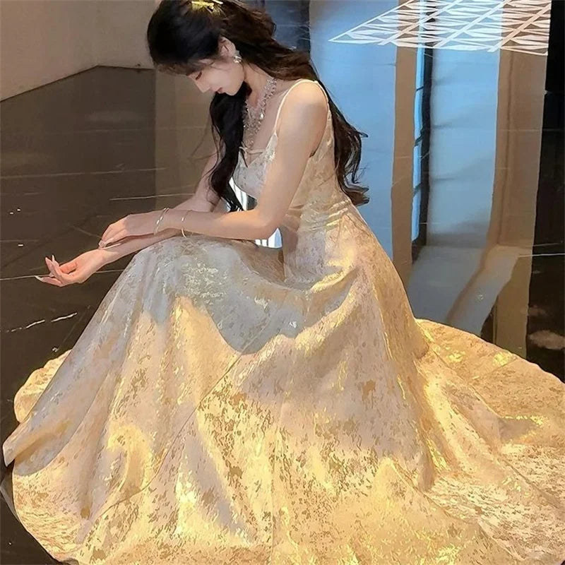 Vintage A-Line Jacquard Party Dresses Women Jacquard Spaghetti Strap Big Swing Dress Luxury Sleeveless Vestidos 270A voguable