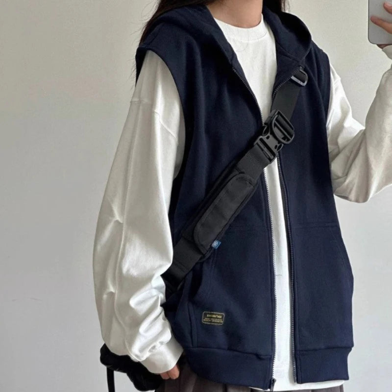 American Retro Sleeveless Hooded Zippered Cardigan Jacket for Women's Autumn Winter Hoodies Camisole Top Vest Jacket voguable