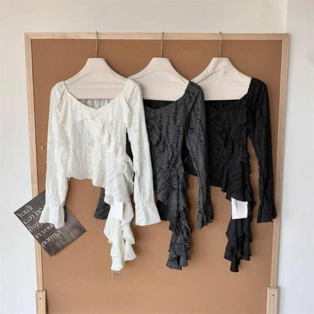 Voguable  Ruffles Hollow Out Asymmetric Slim T-shirt New Sweet Mermaid Mesh Ropa Mujer Spice Girls Sexy New Trendy Y2K Blouses voguable