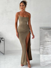 Drawstring High Slit Dress Women Sexy One Shoulder Slim Elastic Maxi Bodycon Party Pleated Vestidos Female Dresses voguable