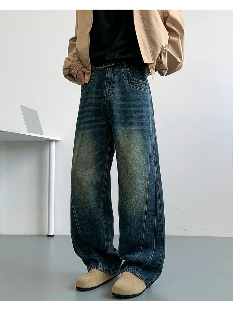 Winter Nostalgic Blue Jeans Men Chic Patchwork Loose Casual Denim Pants Wide Leg Male Straight Mopping Trouser Streetwear voguable