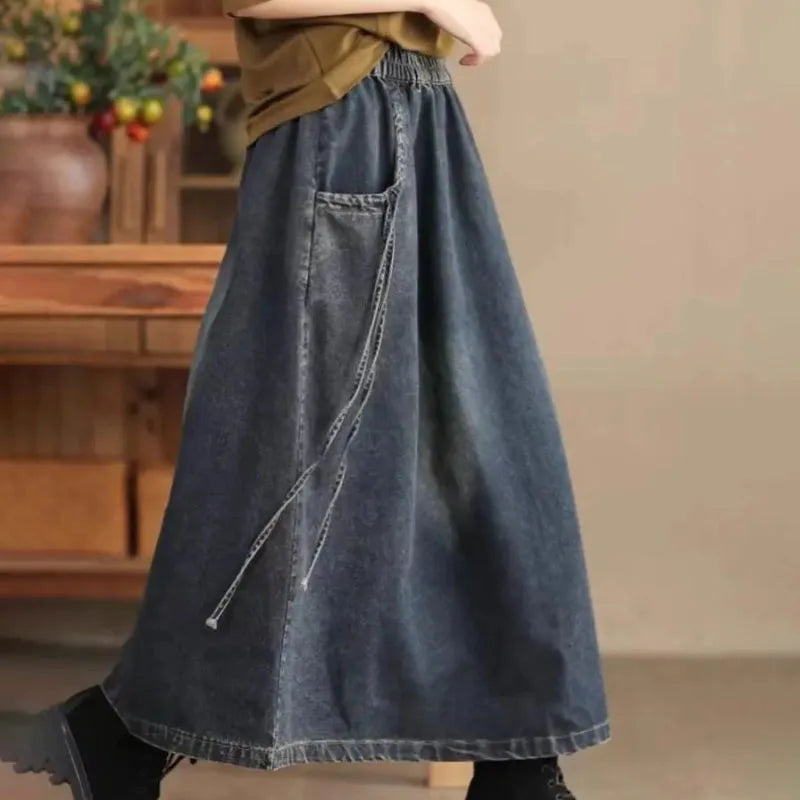 Voguable  High Waist Cotton Denim Skirt Women's Spring Autumn New Fashion Loose Elastic Waist Joker Long A Jeans Skirt Street Clothes voguable
