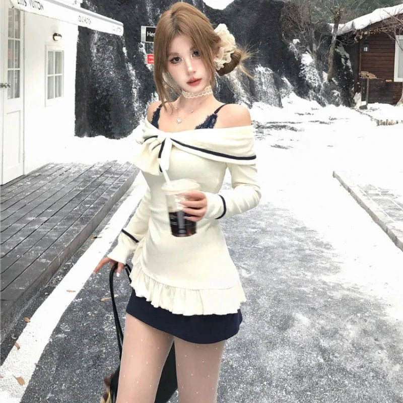 Elegant Sexy Two-piece Set Mini Dress Women Coquette Off Shoulder Evening Party Dress Sweet Korean Style Ruffle Dresses voguable