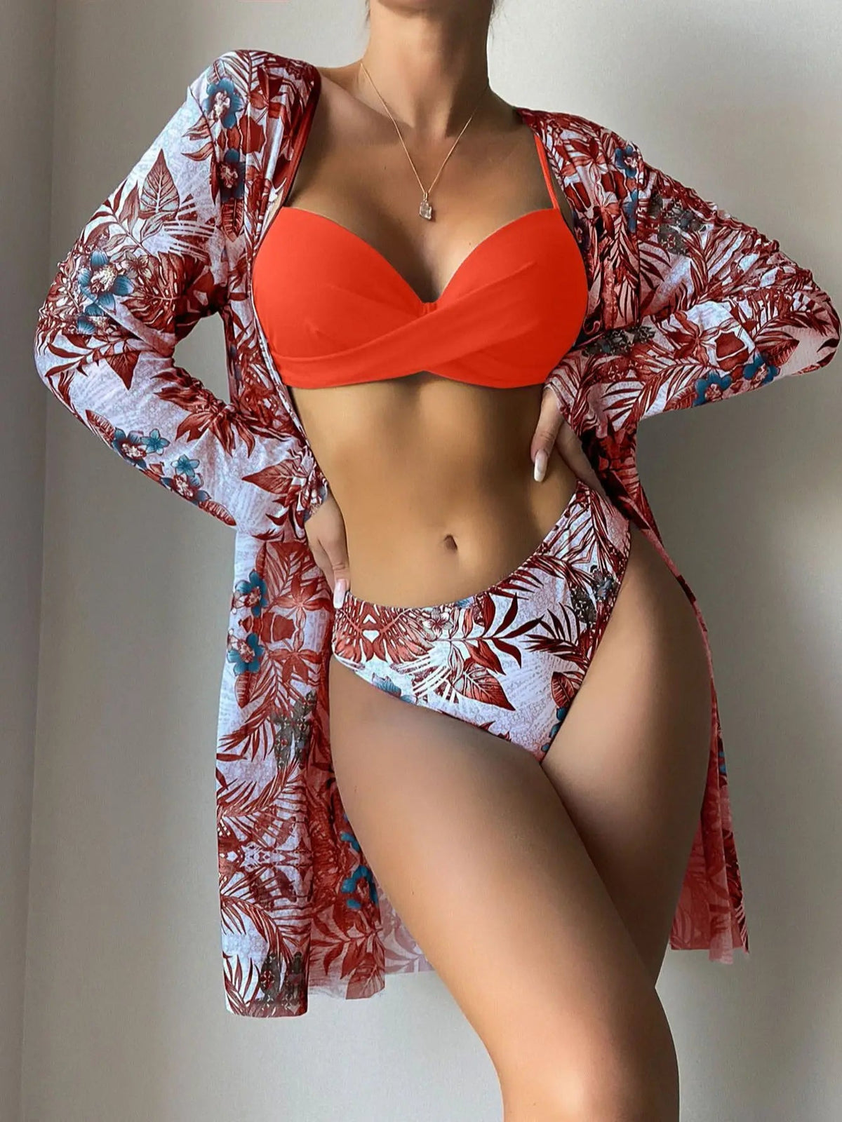 Voguable  Print Beach Cover Up And Bikini Set Sexy Swimwear Women Hollow Out Swimsuit High Waist Biquini Female Three Piece Beachwear voguable