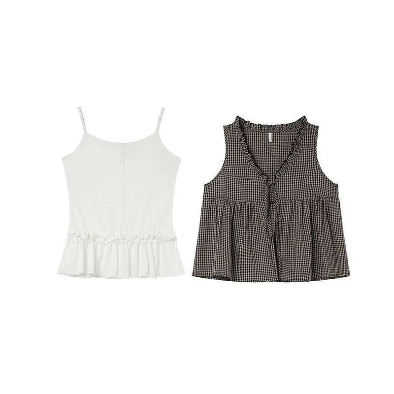 Korean-style Two-piece Small Camisole Plaid Vest Set for Women, Summer High-end Slim Cardigan Top voguable