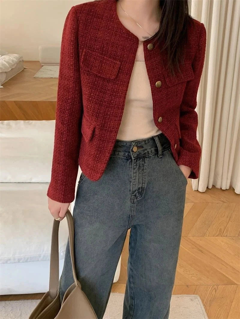 Zoki Women Slim Vintage Jacket Fall Winter Long Sleeve Sweet Elegant Coat French Casual Female O Neck Single Breasted Retro Tops voguable