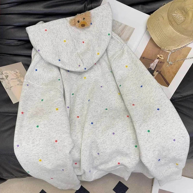 Vintage Dot Sweet Hoodies Women Letter Embroidery Cute Loose Sweatshirts Casual Preppy Style Long Sleeve Lady Japan Tops voguable