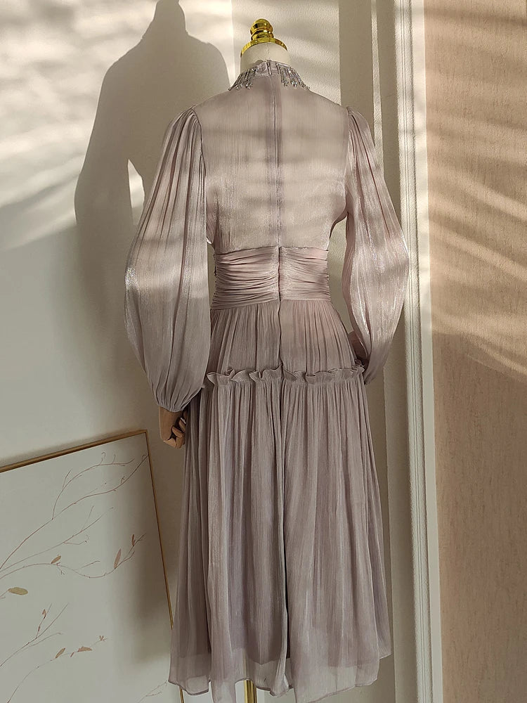 French Niche Design Diamond Spliced Pleats Bright Silk High Waist Dresses For Women Long Sleeve Maxi Dress New voguable