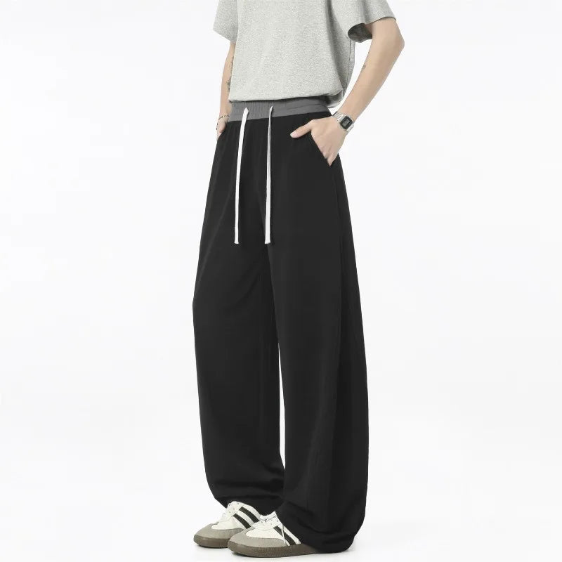 Voguable  Men Summer Thin Ice Silk Quick Dry Pants Color Block Curved Wide Leg Clean Fit Flared Straight Trousers With Drawstring Waist voguable