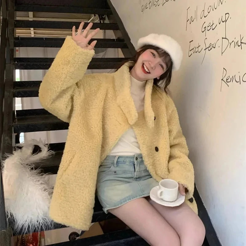 Japan Cute Faux Lamb Coat Women Loose Long Sleeve Winter Warm Retro Jacket Casual Stand Collar Preppy Style Pockets New Top voguable