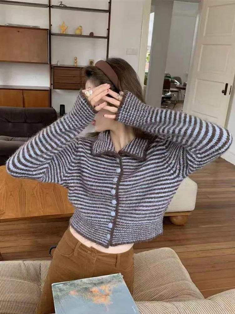 Harajuku Y2K Striped Cardigan Women Vintage Loose Casual Knitted Sweater Fall Winter Japan Retro Long Sleeve Female Soft Tops voguable