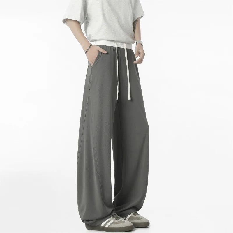 Voguable  Men Summer Thin Ice Silk Quick Dry Pants Color Block Curved Wide Leg Clean Fit Flared Straight Trousers With Drawstring Waist voguable