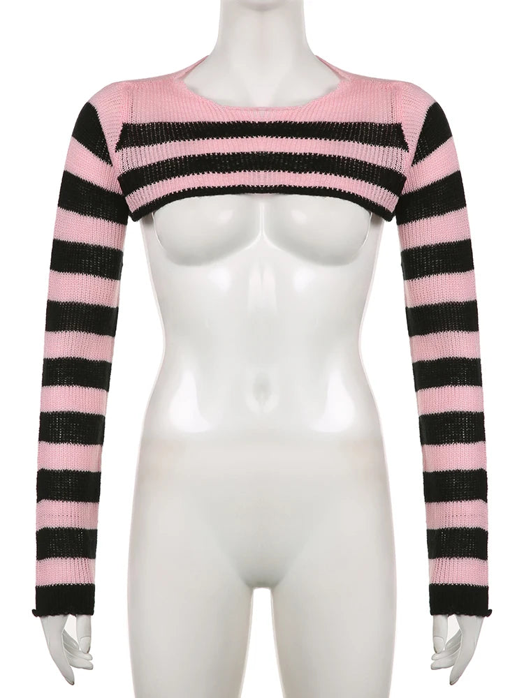 Voguable  Pink Contrast-paneled Crop Smock Top Y2K Aesthetic Cute Knitted Long Sleeve Pullover for Women Sweater Vintage Clothes voguable