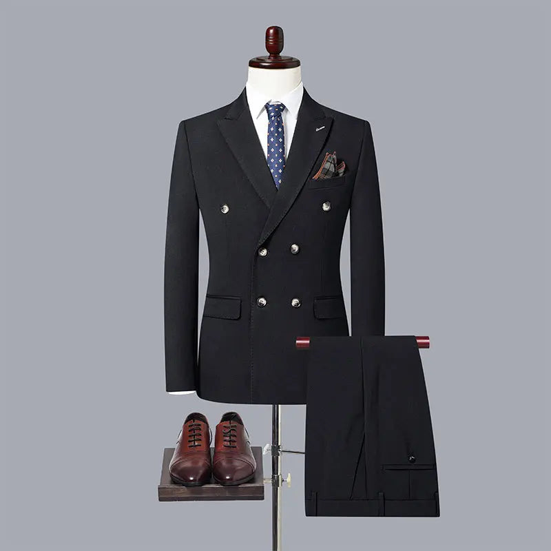 Voguable Fashion New Men's Casual Boutique Double Breasted Solid Color Business Suit Jacket Trousers Pants 2 Pcs Set Blazers Coat voguable