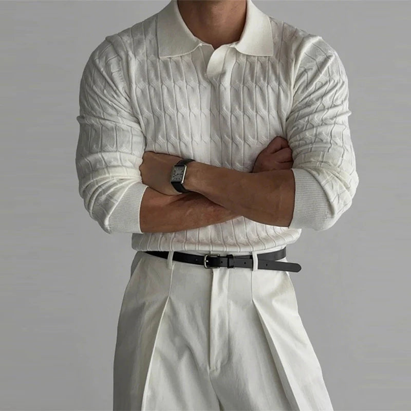 New American Fashion Jacquarded Men Polo Sweater Light Luxury V Neck Knit Solid Color Long-sleeved Tops Premium Quality Knitwear voguable