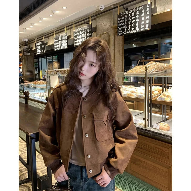 Y2K Retro Baseball Jacket Women Faux Suede Long Sleeve Fall Winter Coat Streetwear Casual American Vintage O Neck Bf Tops voguable