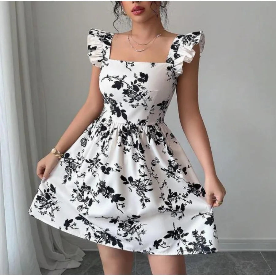 Voguable  Summer leopard print lace backless ruffle hem dress voguable