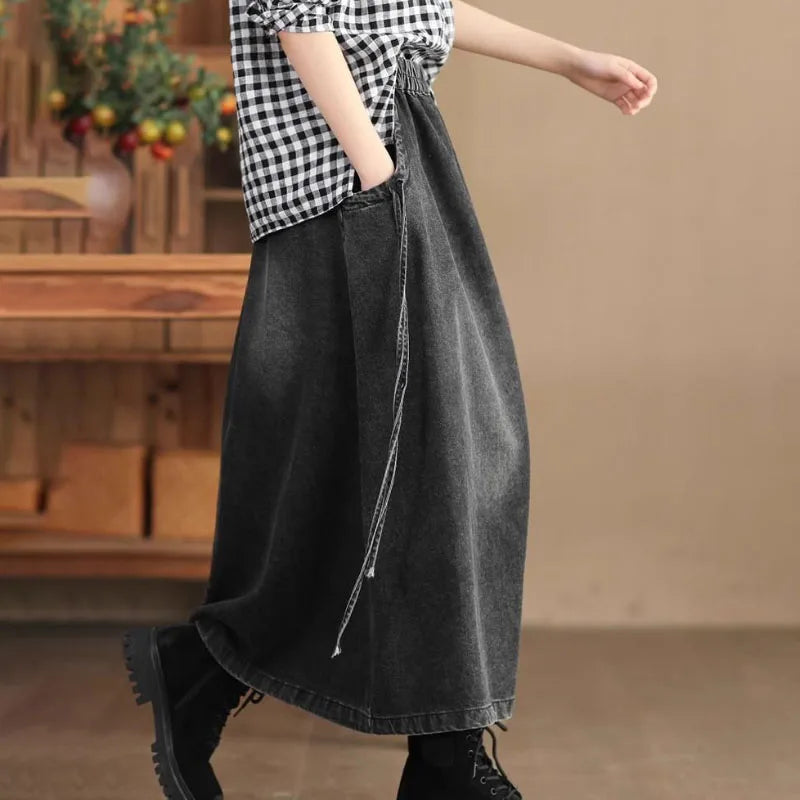 Voguable  High Waist Cotton Denim Skirt Women's Spring Autumn New Fashion Loose Elastic Waist Joker Long A Jeans Skirt Street Clothes voguable