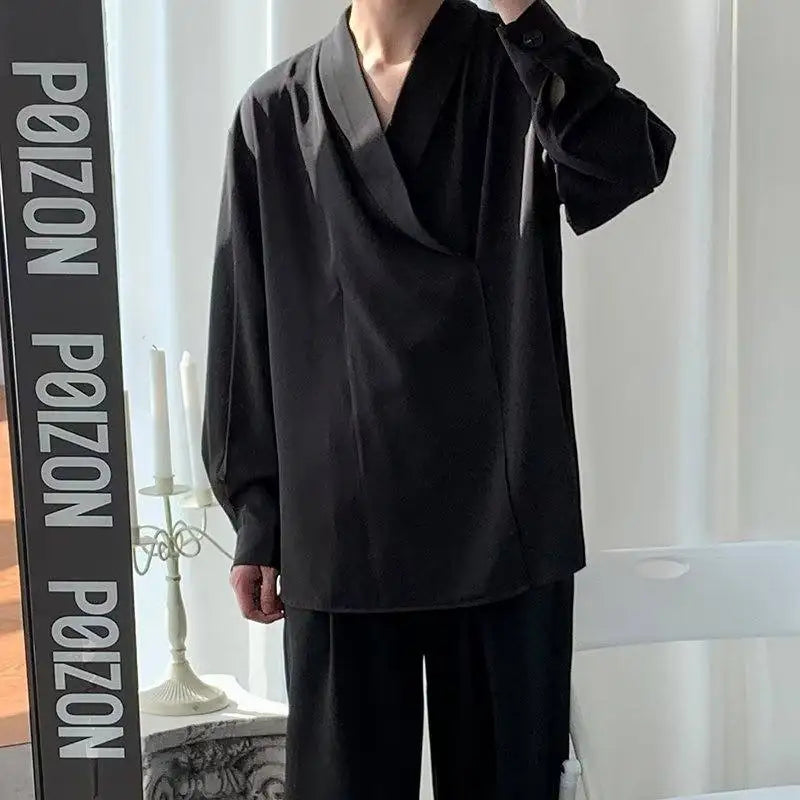 Voguable Black Long-sleeved Shirt Men Fashion Social Men Dress Shirt Korean Loose Casual Ice Silk Pullover Shirts Men Formal Shirt M-2XL voguable